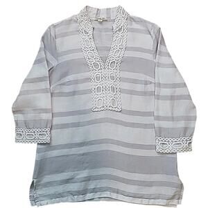 Charter Club Embroidered Linen Tunic M White Gray Resort Boho Coastal Chic